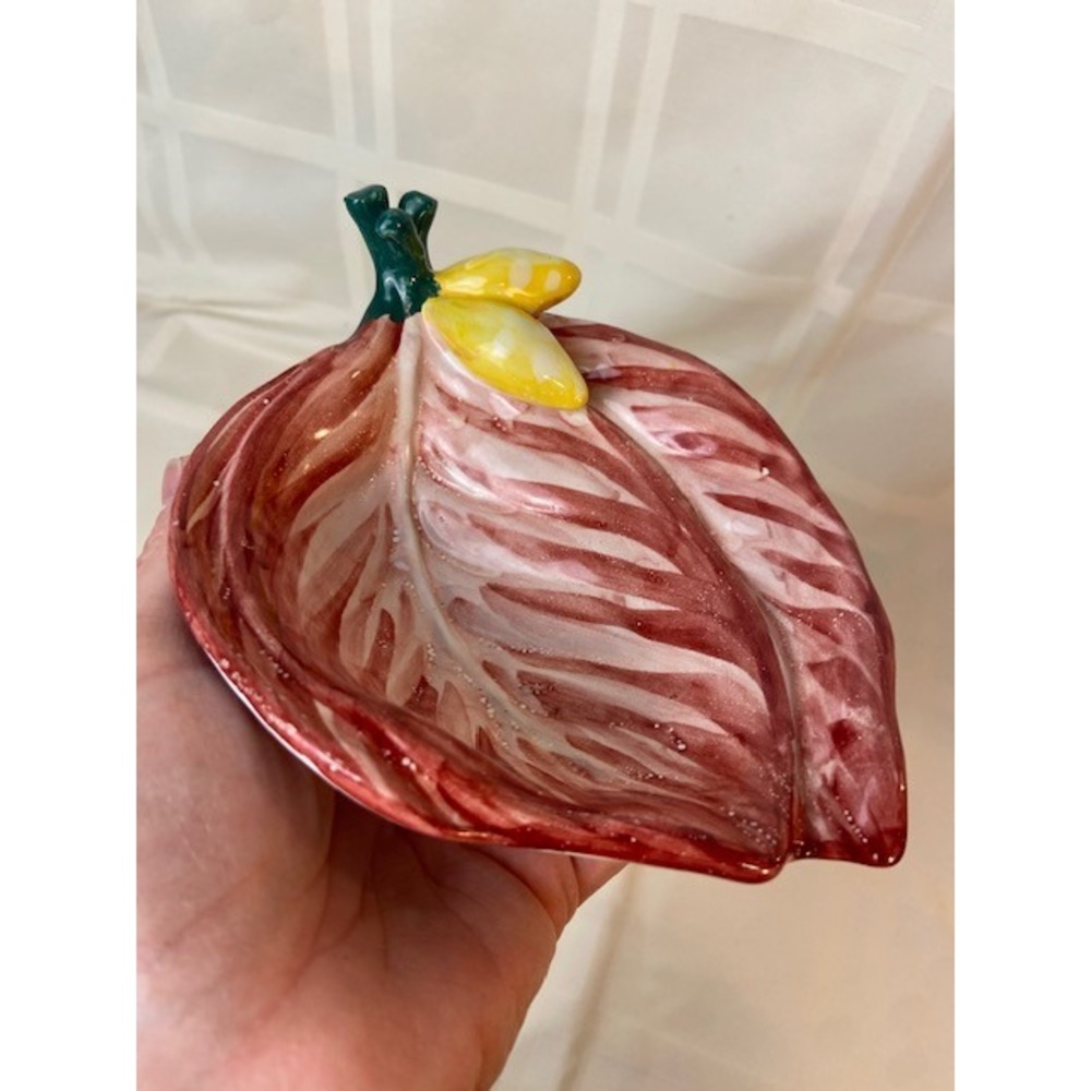 Radicchio Leaf Red Ceramic Trinket Dish Yellow Buds Botanical Pottery Italy Vtg.